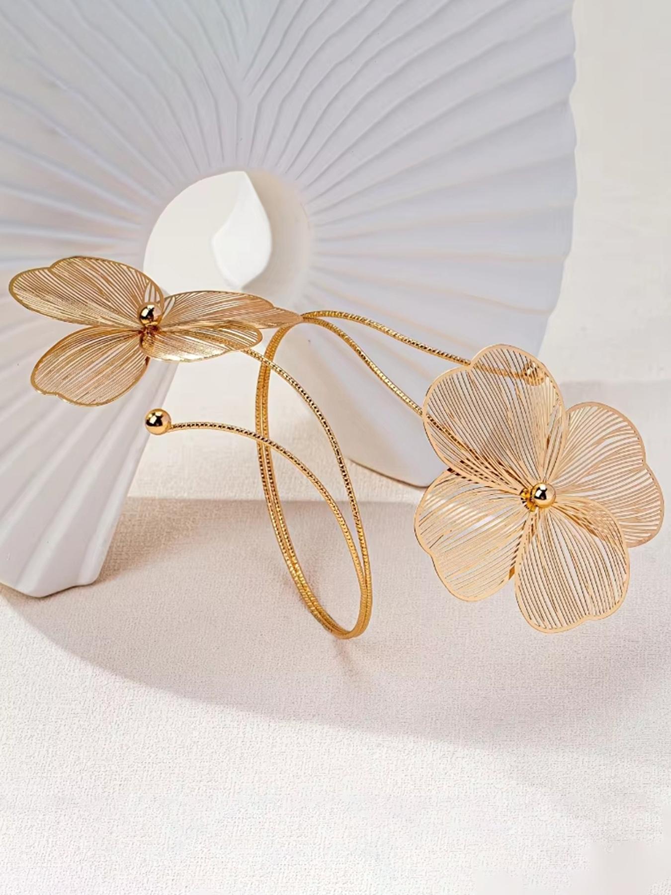 Gold Openwork Floral Bracelet — Women's Upper Arm Cuff | Personalized, Stylish Accessory & Gift for Festivals and Parties | Gold Bohemian-Style Jewelry
