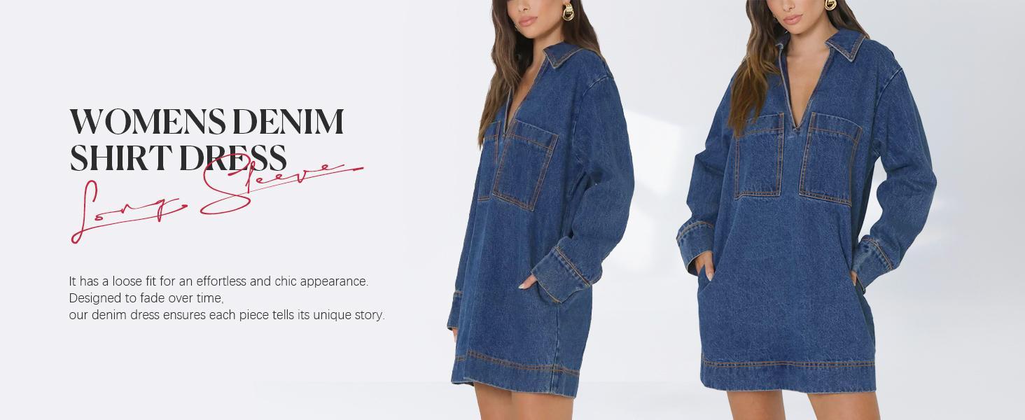 FMEYOA Womens Denim Shirt Dress Long Sleeve V Neck Loose Casual Jean Mini Dress with Pockets