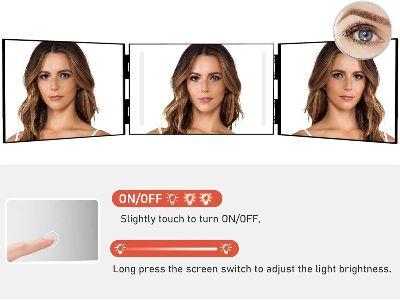 LED Makeup Mirror 3 Way Mirror for Self Hair Cutting with LED Lights Usb Charging (or without LED), Rechargeable Self Cut 360 Barber Mirror for Haircuts Door Mount