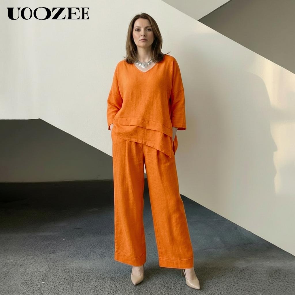 UOOZEE Women's Spring Summer Trend Look Loose Elastic Waistband with Pockets Wide Leg Pants & Oversized V-Neck Top Two-Piece Set, Spring Summer Casual/Work/Weekend Co-Ord for Women