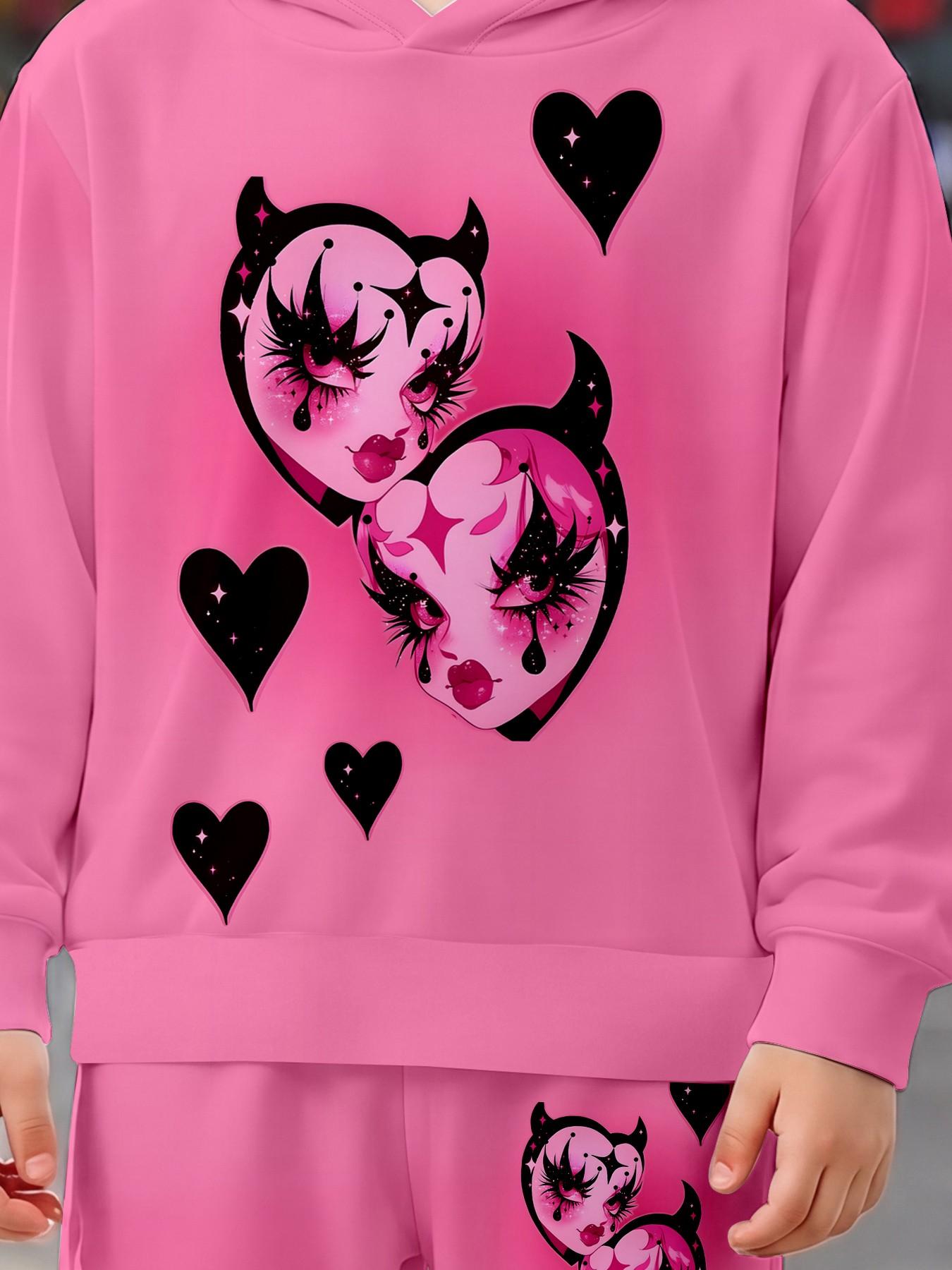 Girls' Sweet Cool Hoodie Set, Heart Devil Cartoon Print, Loose-Fitting Long Sleeve Sweatpants, Trendy Kids Fashion