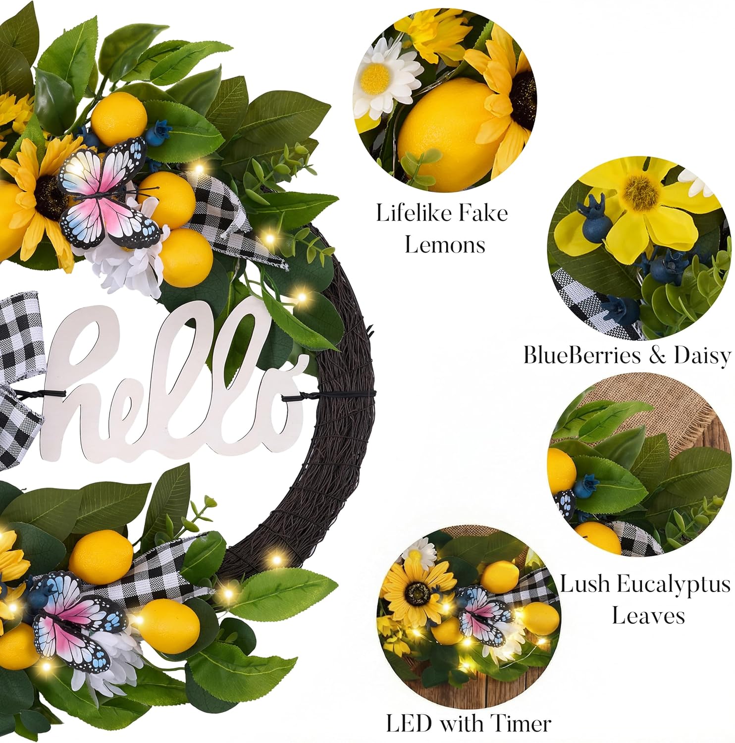 24'’ Collapsible Pre-lit Spring Summer Lemon Wreath for Front Door, Lighted Yellow Sunflower Wreaths with Hello Sign & Ribbon, Farmhouse Home Porch Wall Kitchen Amalfi Coast Decor