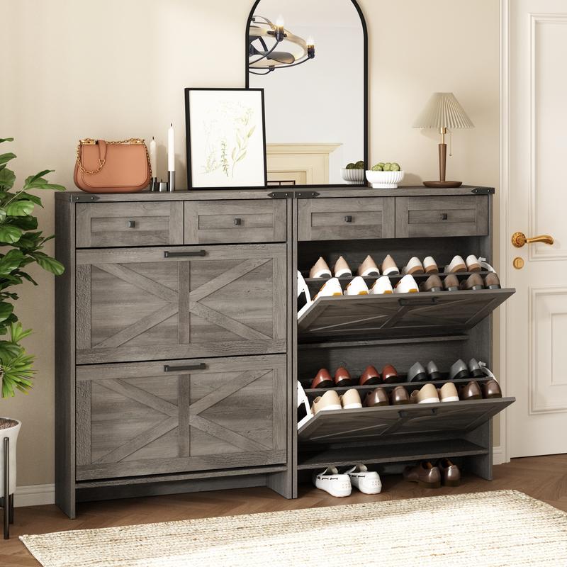 Farmhouse Shoe Storage Cabinet with 2 Hidden Flip Drawers & 2 Drawers – Narrow Freestanding Shoe Rack Organizer with Adjustable Shelves for Entryway