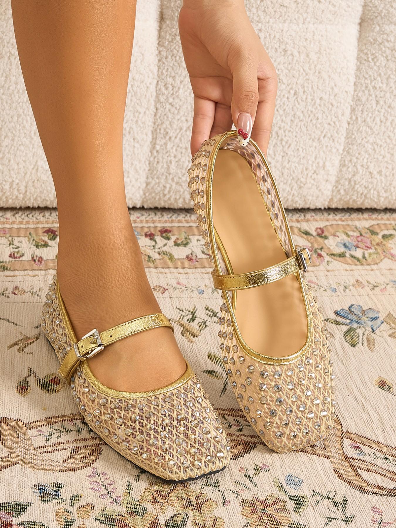 French Rhinestone Hollow Out Classic Mary Jane Shoes for Women, Chic Shoes, Elegant Fairy Style, Classy, Breathable Mesh, Square Toe, Medium Width, Plain Pattern