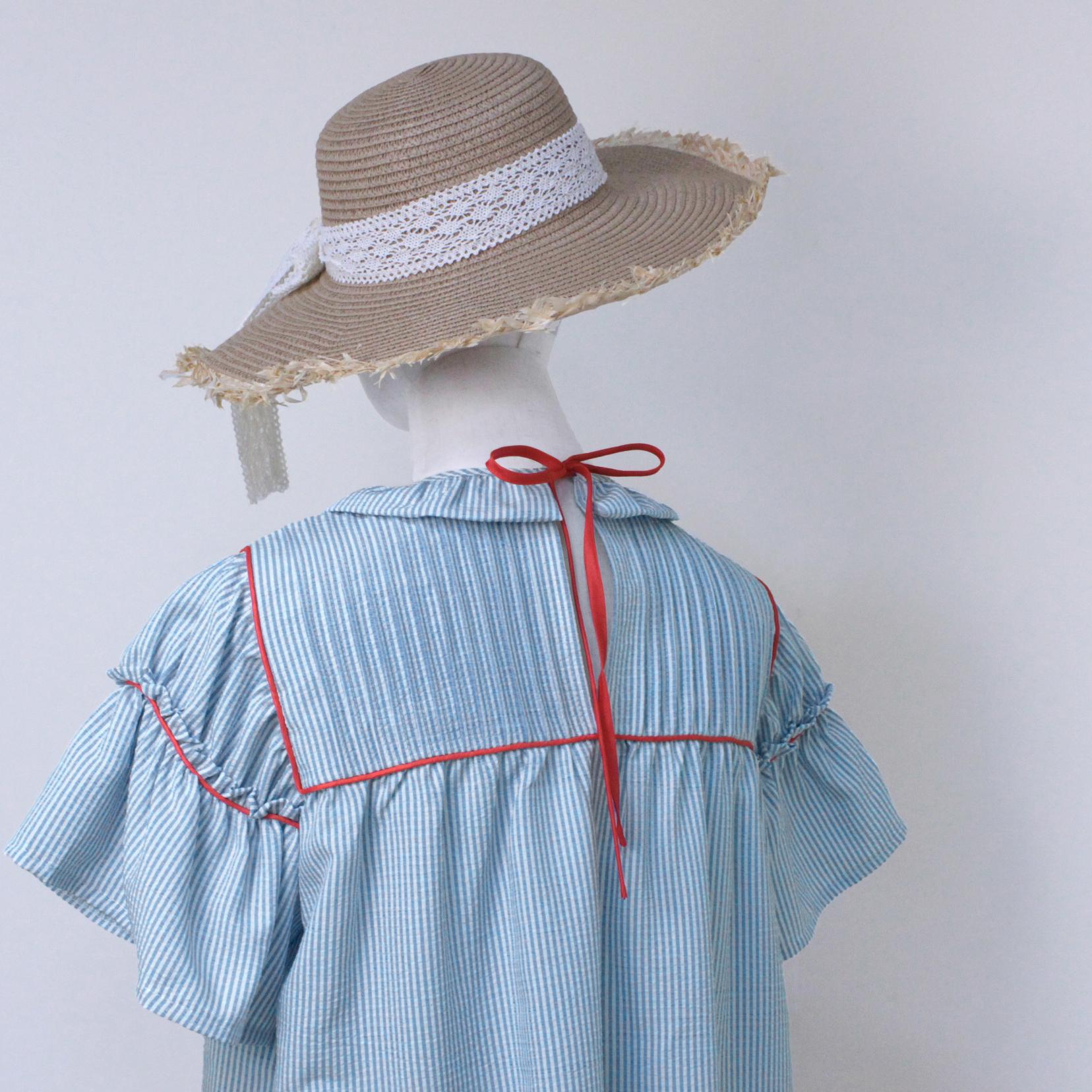 SageVell Beige/Blue Striped Pleated Blouse with Ruffle Sleeves & Red Contrast Trim Top, Round Neck Short Cotton-blend Shirts for Women