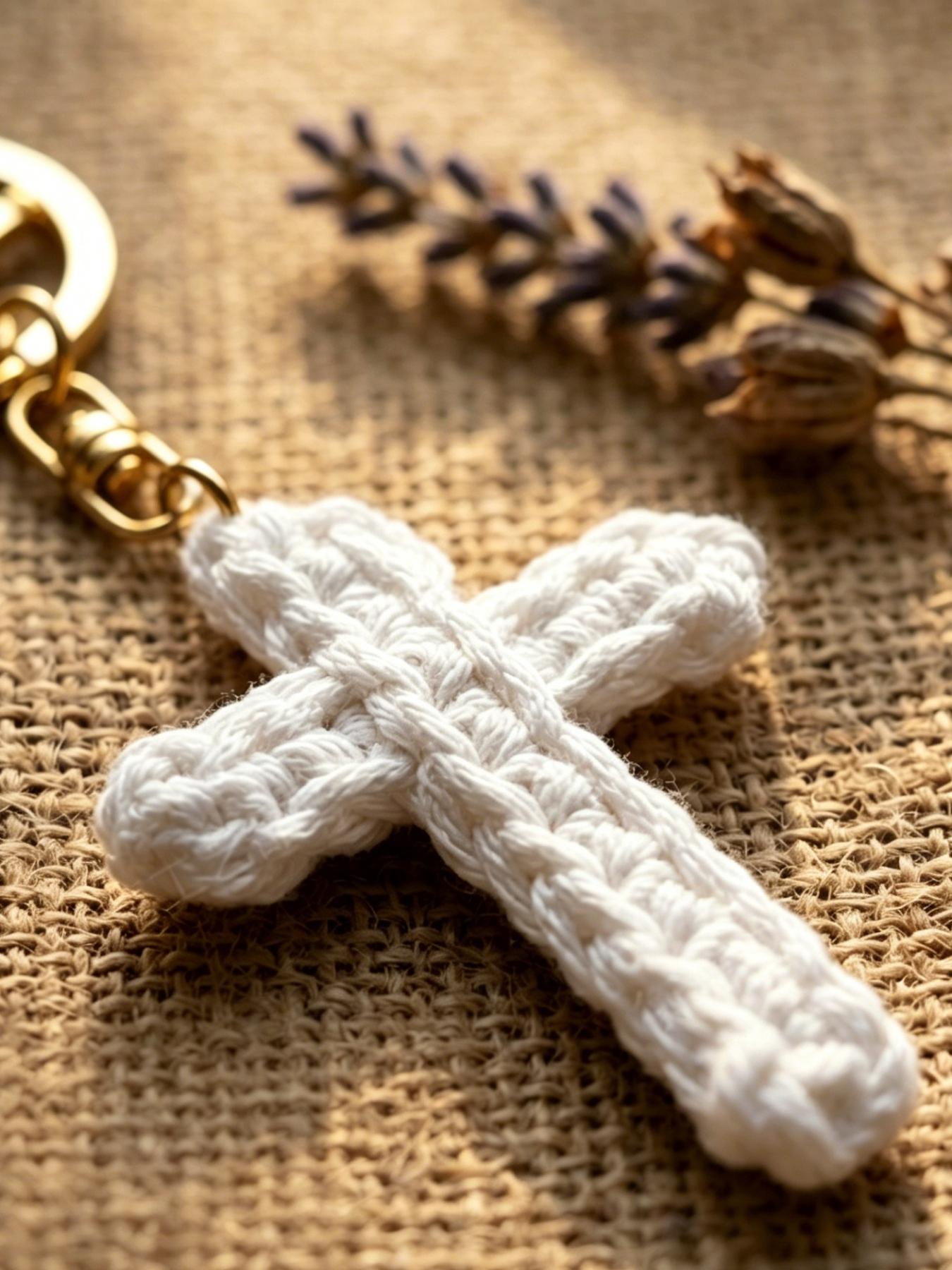 A handmade crocheted cross keychain charm, suitable for everyday wear, vacation dates, and other occasions, and also a delightful little gift that brings surprise.