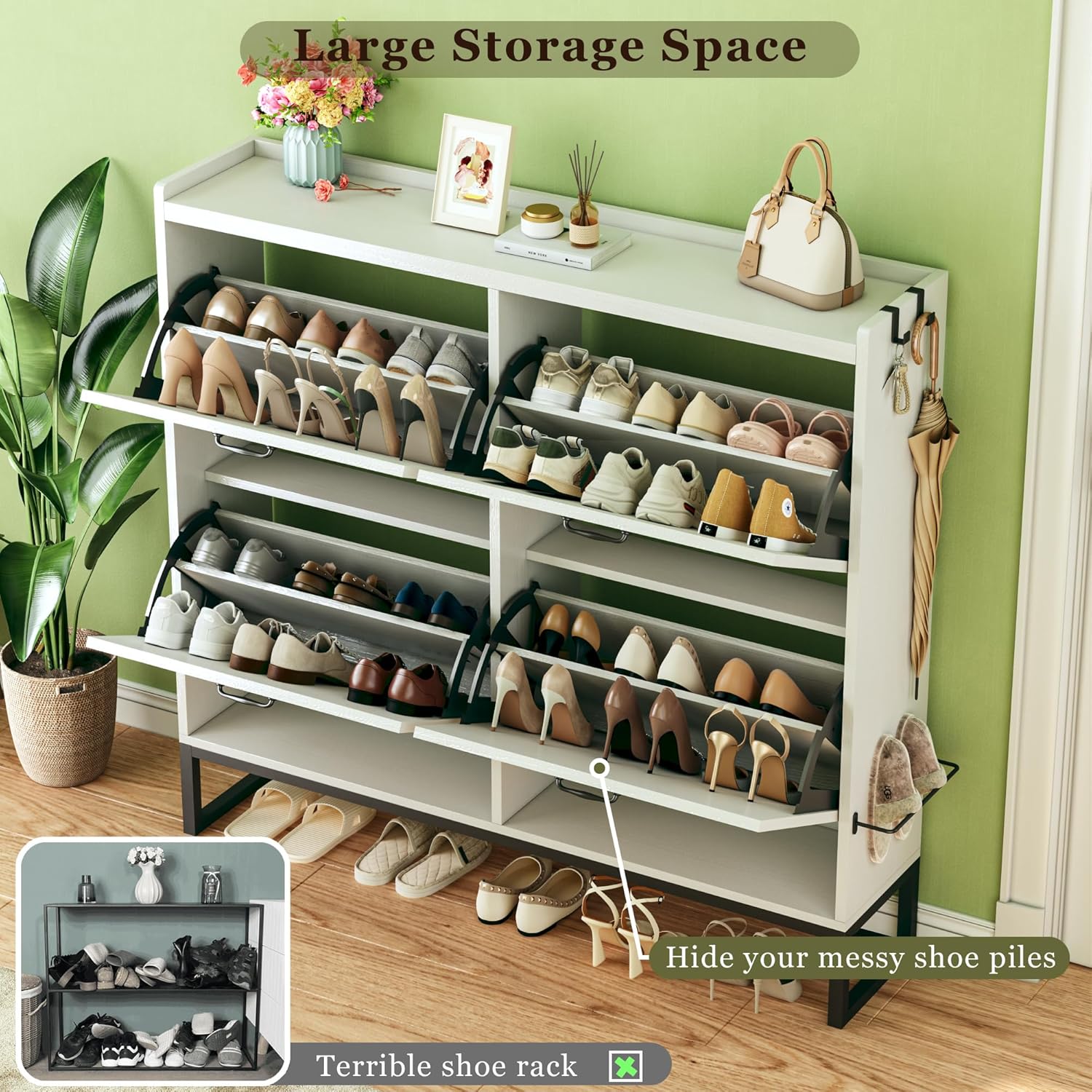 Shoe Cabinet with 4 Flip Drawers, Storage Cabinet with Mounted Rack & Adjustable Shelves, Narrow Shoe Cabinet with Metal Legs, White, for Entryway, Hallway Visit the HUAHUU Store