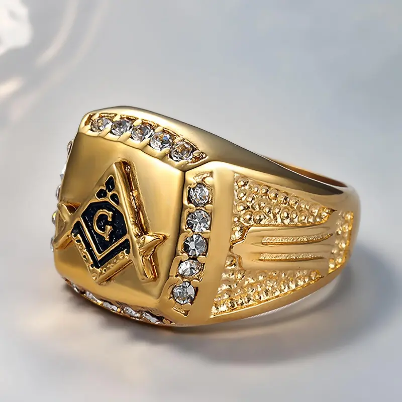 Men's Stainless Steel Rhinestone Decor Ring - Synthetic Zircon, AG Metal Coating, European-American Style, Male Hip Hop Alternative Style Costume Jewelry Accessory