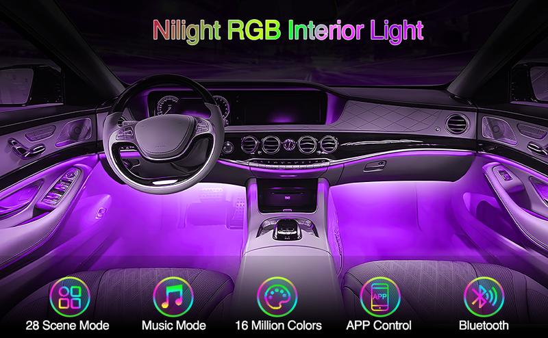 Nilight 4PCS USB Interior Car Lights 48 LEDs RGB LED Strips Lights with App Control Music Sound Active Mode Under Dash Footwell Ambient Lights 2 Line Design for Car Truck ATV UTV