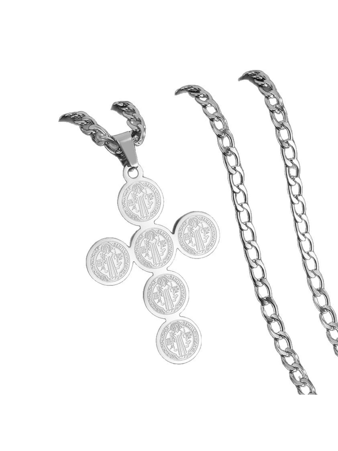 Vintage Cross Engraved Coin Pendant Necklace, Grunge Streetwear Titanium Steel Chain, Non-Tarnish Edgy Jewelry