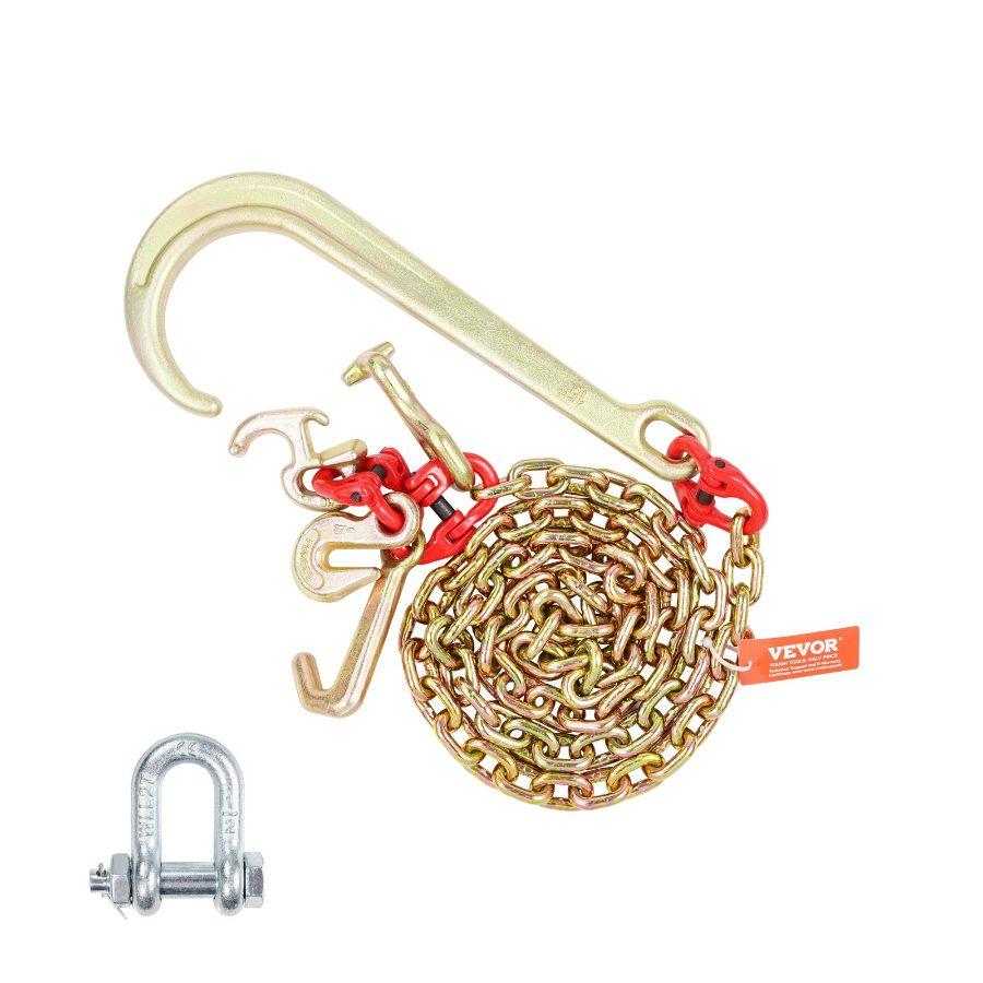 VEVOR G80 Steel J Hook Tow Chain, 5/16x6 ft Metal Chain with 15 Long Shank, RTJ Cluster & Grab Attachments, 5400 lbs Safe Working Load for Wrecker Recovery, Trailer Transport