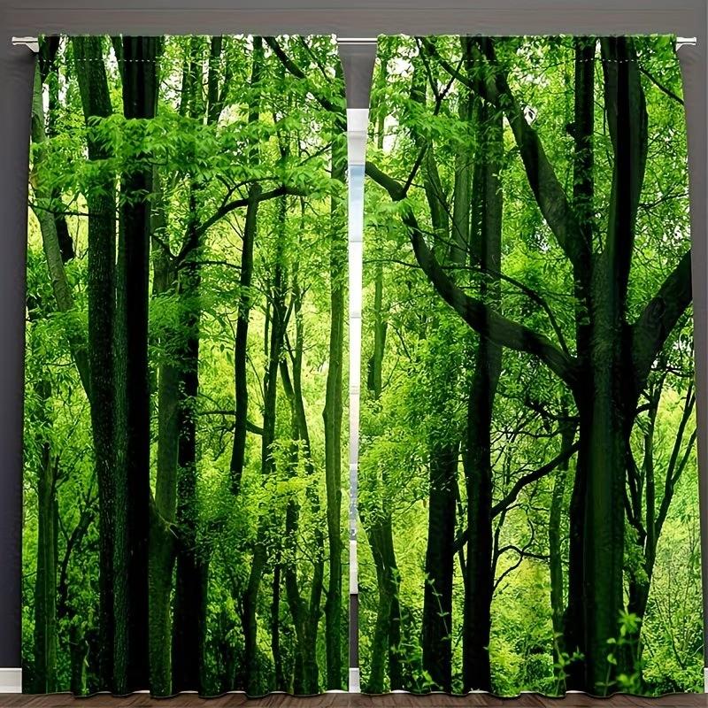 2pcs Forest Semi-Transparent Curtains with Green Trees, Jungle Branches, and Natural Scenery. Featuring a rod-hanging design, high-definition digital printing, and machine-washable fabric, these curtains are suitable for use in bedrooms and living rooms.