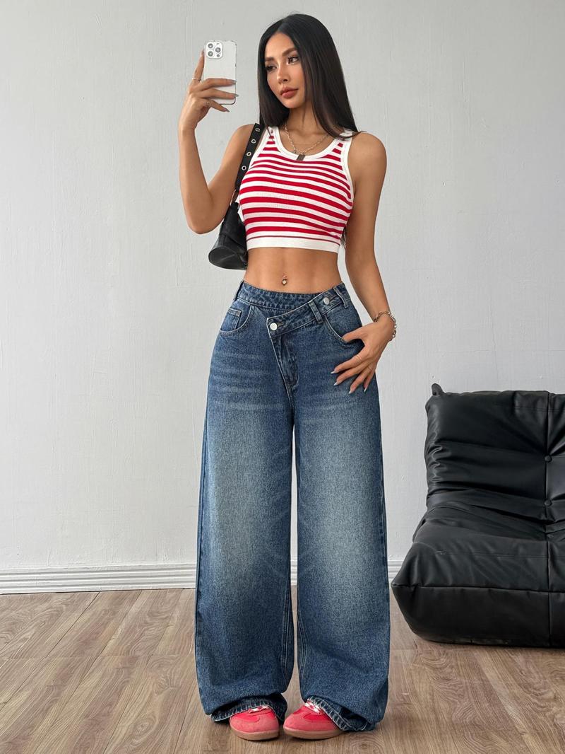 OBlue Jeans Women's Plain Asymmetrical Waist Button Baggy Stacked Jeans, Fashion Casual Denim Jeans for Daily Wear, Ladies Bottoms for All Seasons