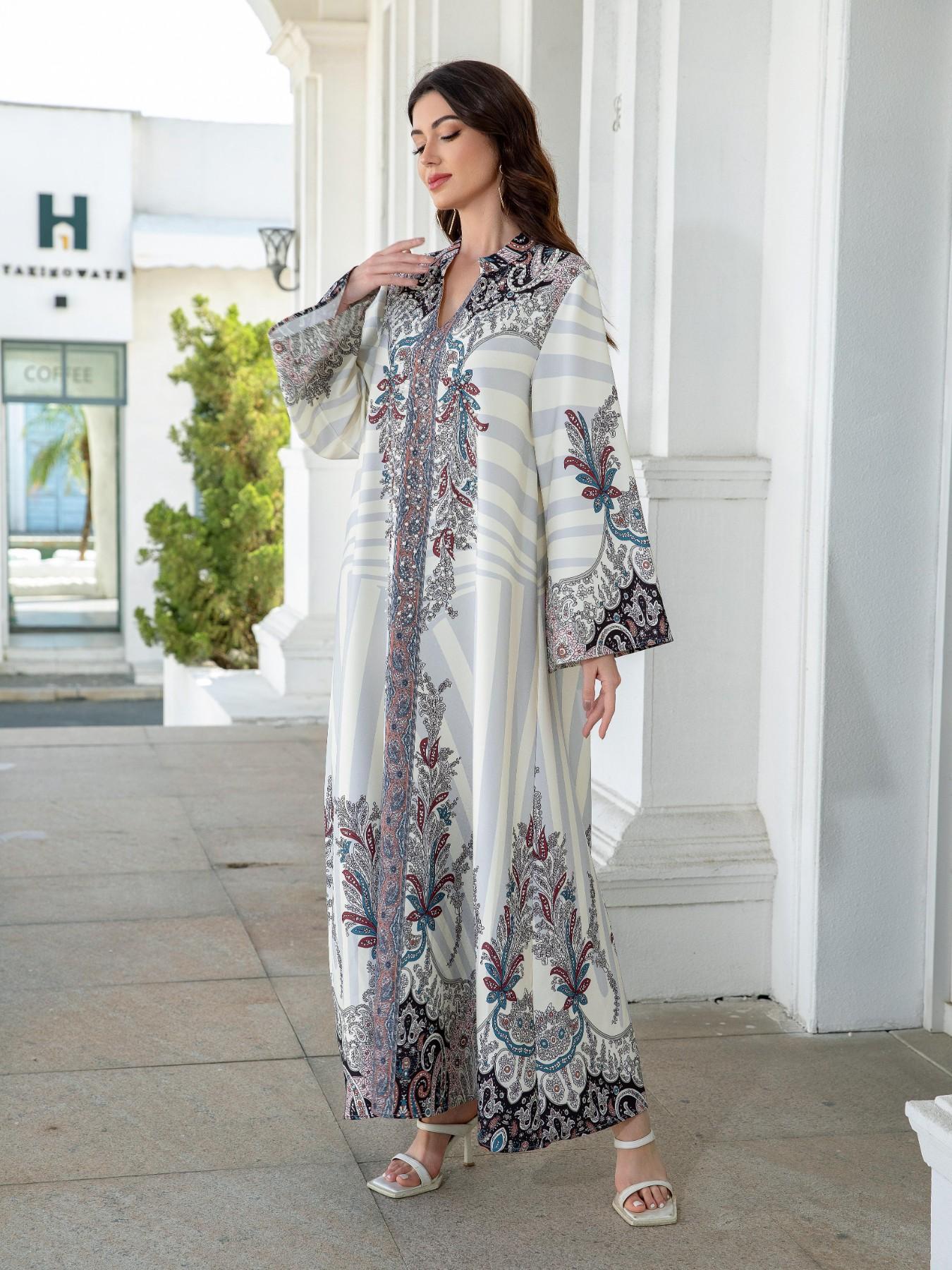 Women's Long Robe Dress Abaya, Stand Collar Design, Printed Embellished Beaded New Style, Cross-Border Muslim Fashion