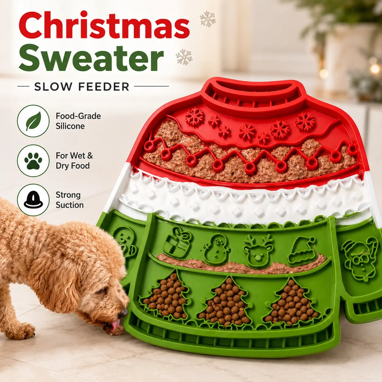 Halloween Christmas Sweater Silicone Pet Lick Mat, Multi-Suction Anti-Slip Slow Feeder, Cat Dog Dry Wet Food Pad, Stress Relief Toy, Holiday Gift