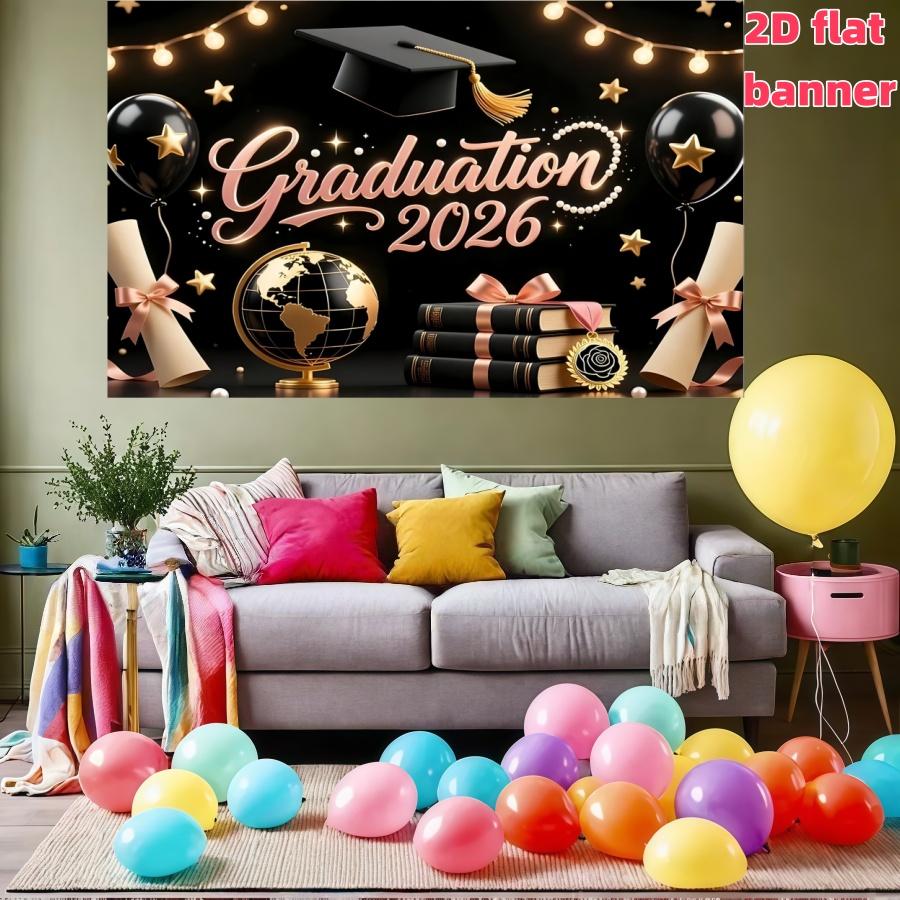 2D Flat Class of 2026 Graduation Decoration Set 1 piece banner + 3 piece door curtain set Polyester material Pink gold bachelor's hat balloon graduation banner 2026 graduation ceremony party photo hanging cloth Campus graduation season atmosphere decorati