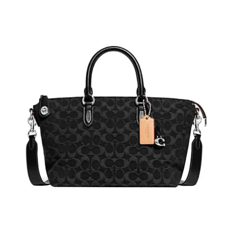 COACH Cara 27 Classic Monogram Zip-Top Crossbody Handbag for Women, Denim and Calfskin, Large Size, Black