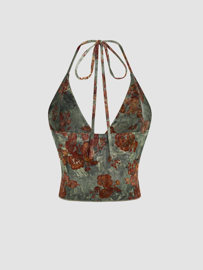 Women's Floral Deep V Neck Crop Top & Fish Tail Skirt Set, Sexy Two-Piece, Back-To-School Fashion, All-Over Print Design