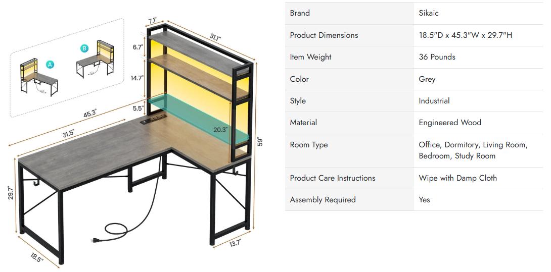 Sikaic 45.3 inches LED Reversible L Shaped Gaming Desk with Hutch Power Outlet Storage Shelves and Hooks Furniture Table Modern Ergonomic Computer Monitor Stand Dual Monitor Stand