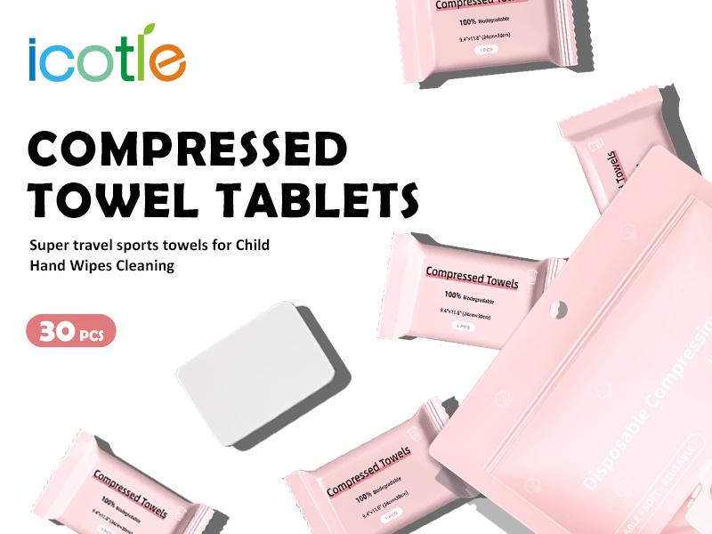 ICOTLE Compressed Towels Tablets Disposable Face Towels for Travel Camping Hiking 1 Pack 30 Count Size 9.4"x11.8"