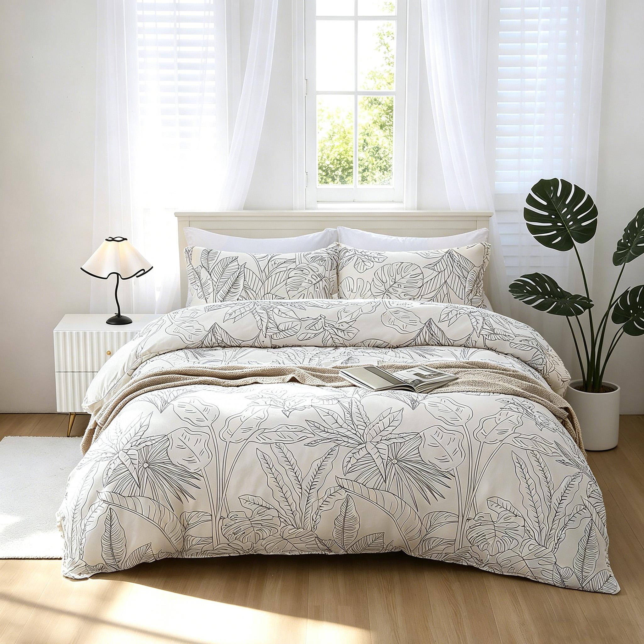 3-Piece Minimalist Line Tropical Leaf Printed Bedding Set, 1 Duvet Cover (No Insert) + 2 Pillowcases (No Insert), Soft Fabric with Easy Removable Zipper, Elegant Bedroom Decor, Spring & Summer New Duvet Cover