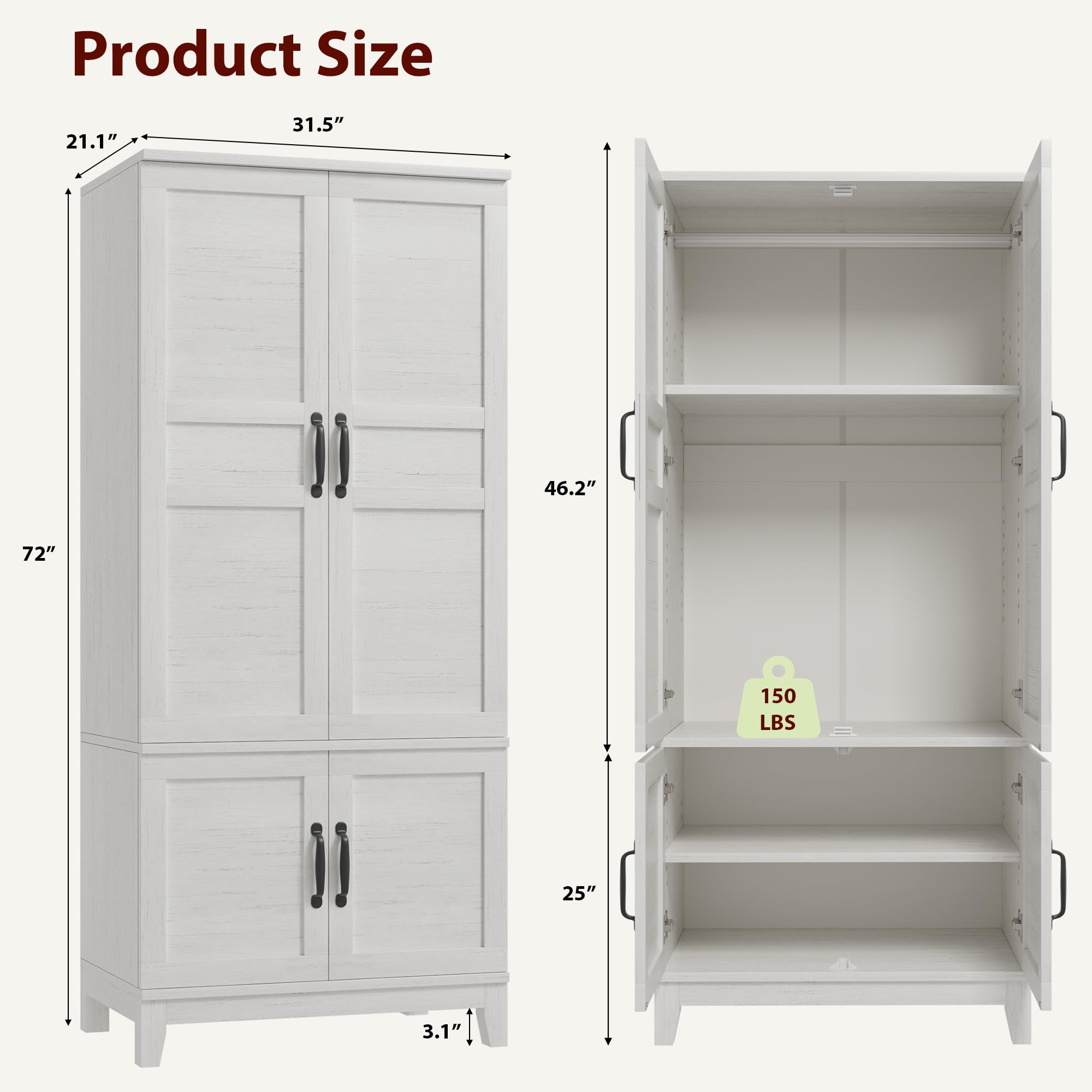 Armoire Wardrobe Closet with 4 Doors,72" Wooden Wardrobe Cabinet with Hanging Rod, Freestanding Tall Clothing Armoire Cabinet with 18 Adjustable Shelves for Bedroom, Clothes, Rustic White Armoire Wardrobe Closet with 4 Doors,72" Wooden Wardrobe Cabinet with Hanging Rod, Freestanding Tall Clothing Armoire Cabinet with 18 Adjustable Shelves for Bedroom, Clothes, Rustic White