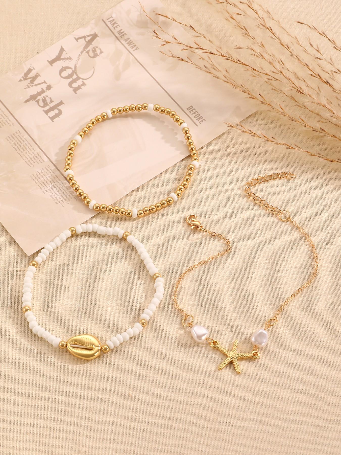 Three-Piece Summer Beach Anklet Set, Starfish Fish Shell Faux Pearl Design, Girl Jewelry, Fashion Accessory, Perfect for Daily