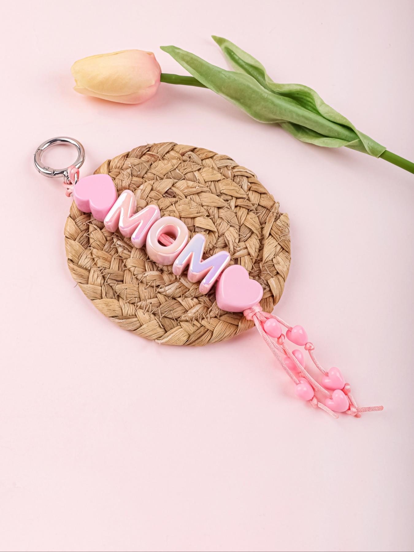 Mom Keychain, Heart Beaded Keychain, Iridescent Letter Keychain, Macaron Color Bag Charm, Tassel Heart Strap, Mother's Day Gift, Cute Aesthetic Keychain