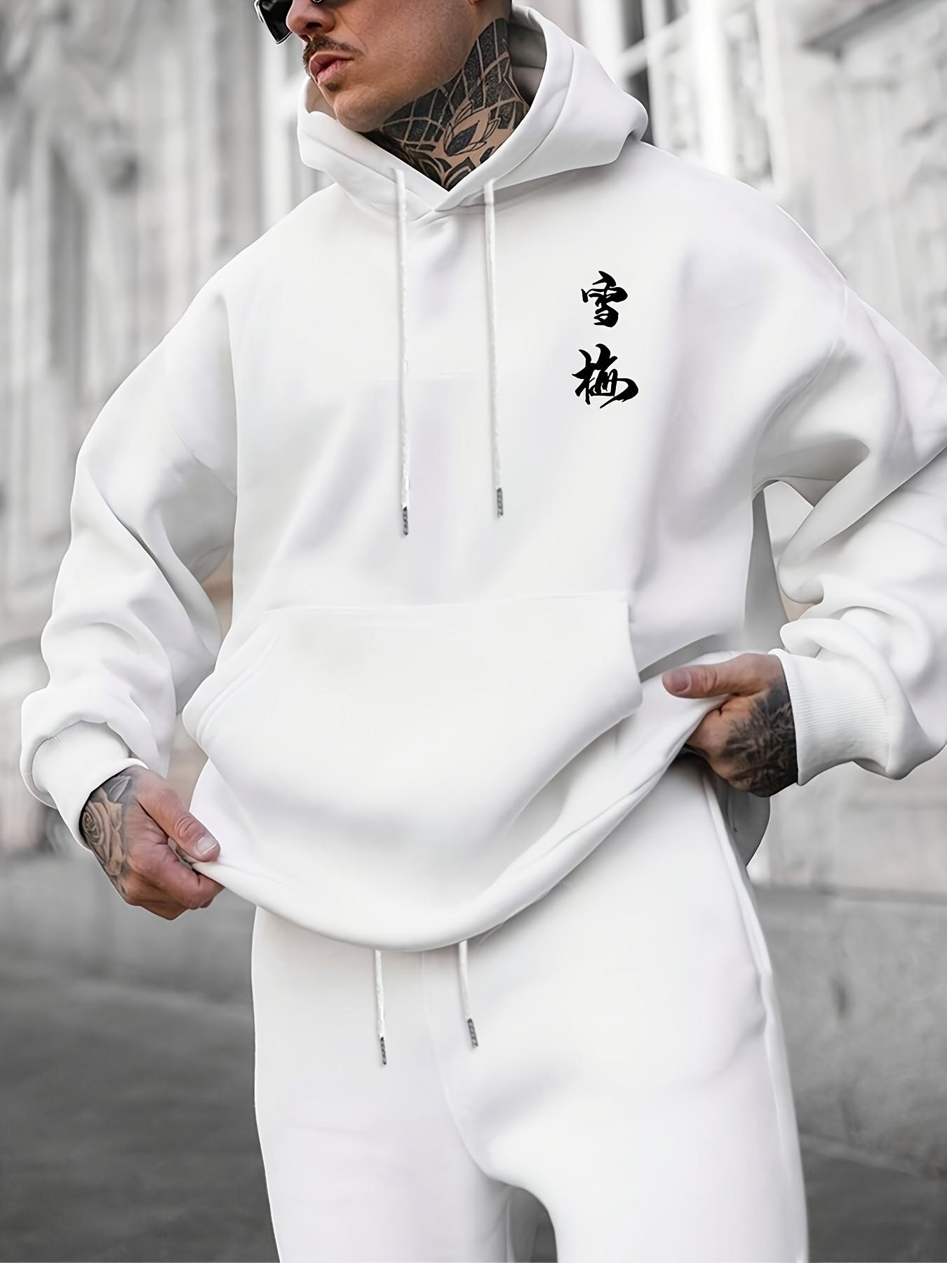 Unisex Japanese Style Cherry Blossom Ink Floral Graphic Print Hoodie, Long Sleeve Casual Loose Fitted Warm Couple Sweatshirt for Fall & Winter