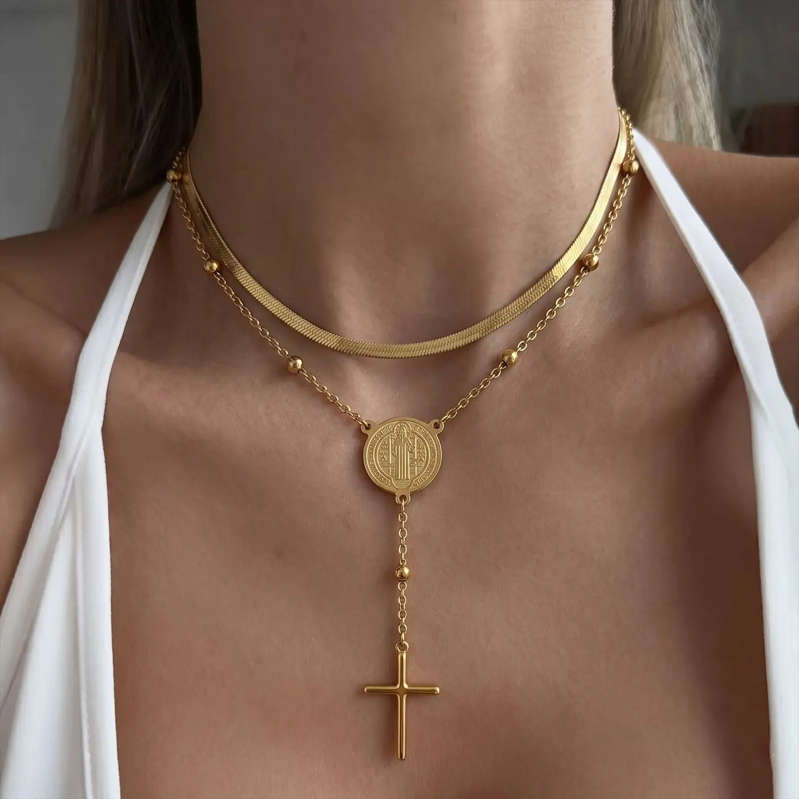 Boho St. Benedict Cross Pendant Necklace - Double Layer Herringbone Chain, Rosary Drop Design, Protection Amulet, Female Jewelry, Everyday Wear Chain Jewelry Necklaces, Vintage Aesthetic Accessory