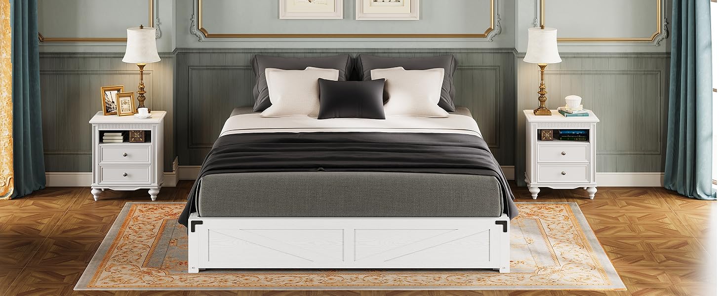 LIKIMIO Platform Queen Size Bed Frame, Farmhouse Bed Frames with Lift Up Storage, Wooden Slats, Sturdy and No Noise, Easy Assembly