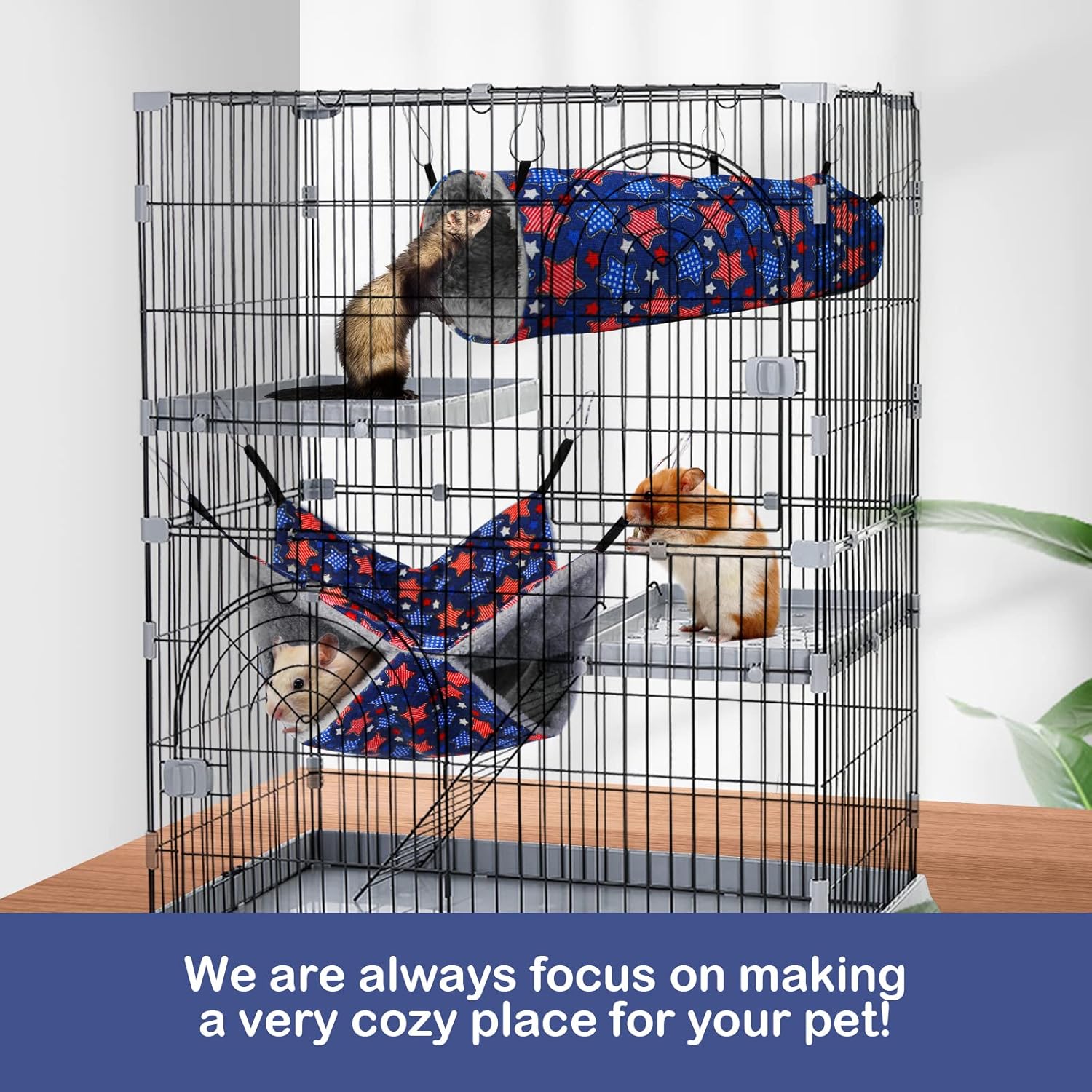 2-Pack Hanging Tunnel & Hammock Set for Ferrets & Chinchillas - Soft Plush Cage Accessories for Climbing, Hiding, Sleeping. Multi-Level Small Animal Play & Rest Area