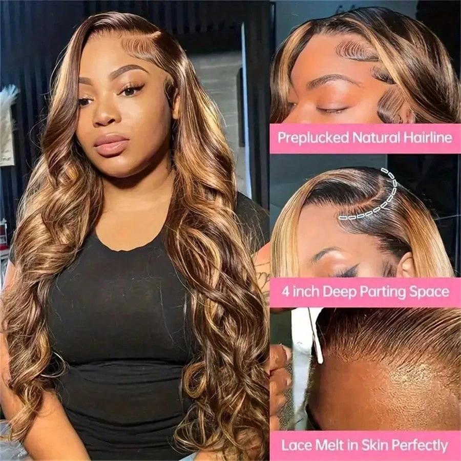 Highlight 13x4 HD Body Wave Lace Front Wigs Human Hair Honey Blonde Ombre 4/27 Lace Front Wig Human Hair Pre Plucked 180% Density Frontal Wigs for Women