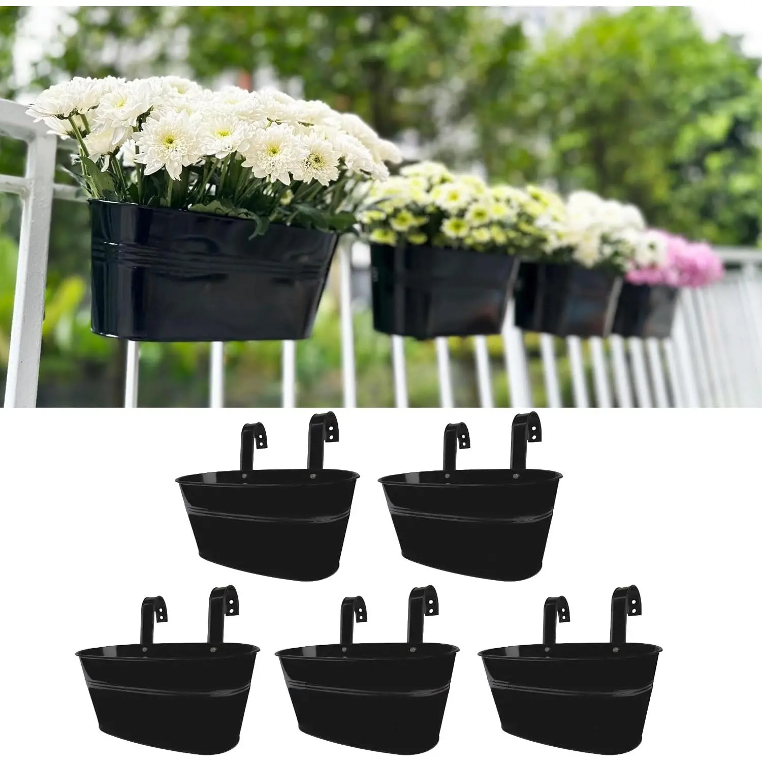 Rail Planter (9.8 in, 5 Pack) Black Metal Balcony Porch Pots | Balcony railing planters deck fence patio porch outdoor plants, iron hanging buckets herb garden plant hangers, plantas