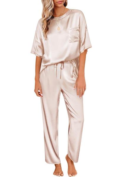 Women's Satin Silk Pajama Set, Short Sleeve Top & Long Pants, Soft Sleepwear for Women, Comfortable Loungewear for Home Use
