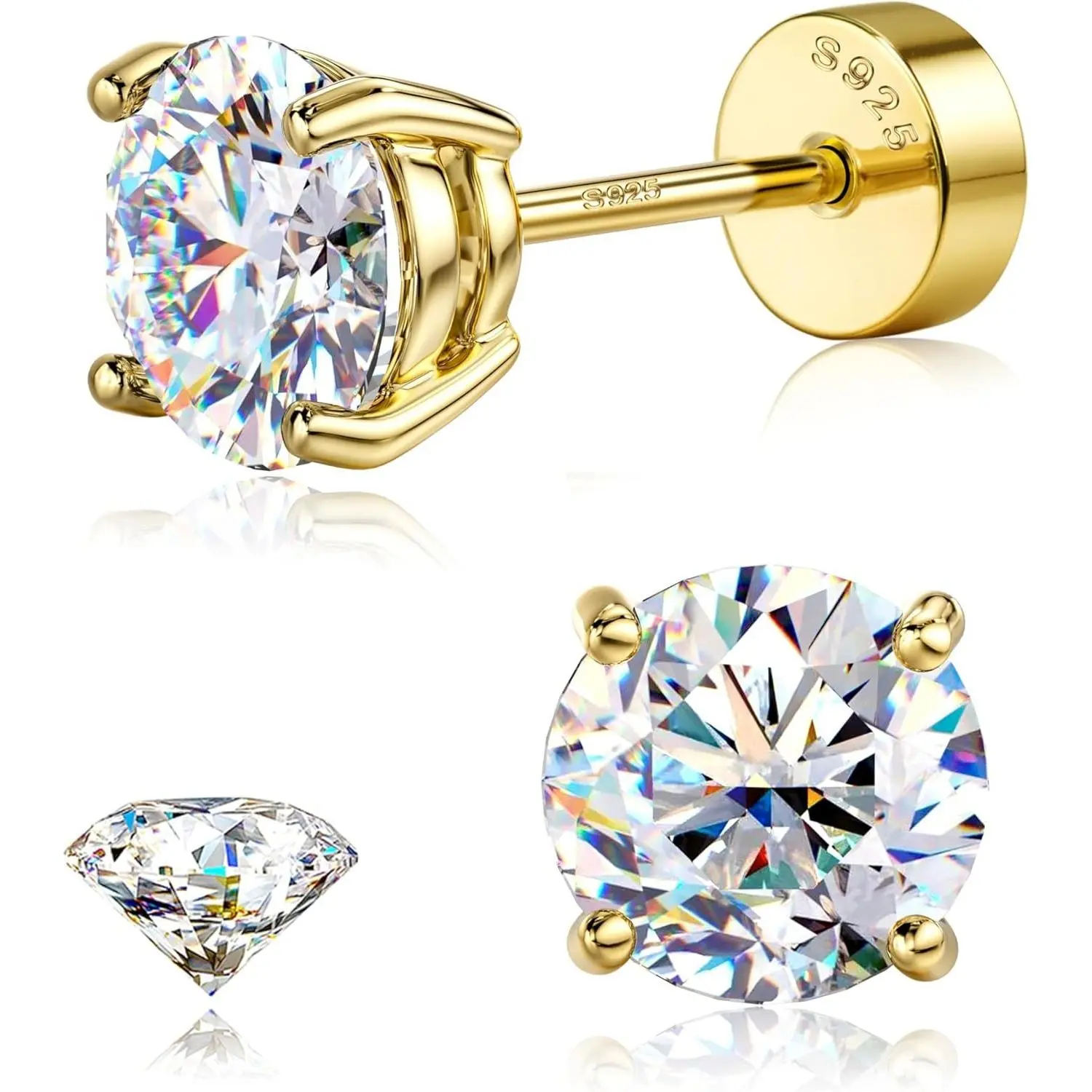 GEMQUEEN D Color VVS1 Round Cut Moissanite Stud Earrings, 925 Sterling Silver 20G Threaded Flat Back Unisex Earring Stack, 0.07-3CT Pretty Studs for Cartilage, Birthday & Daily Wear