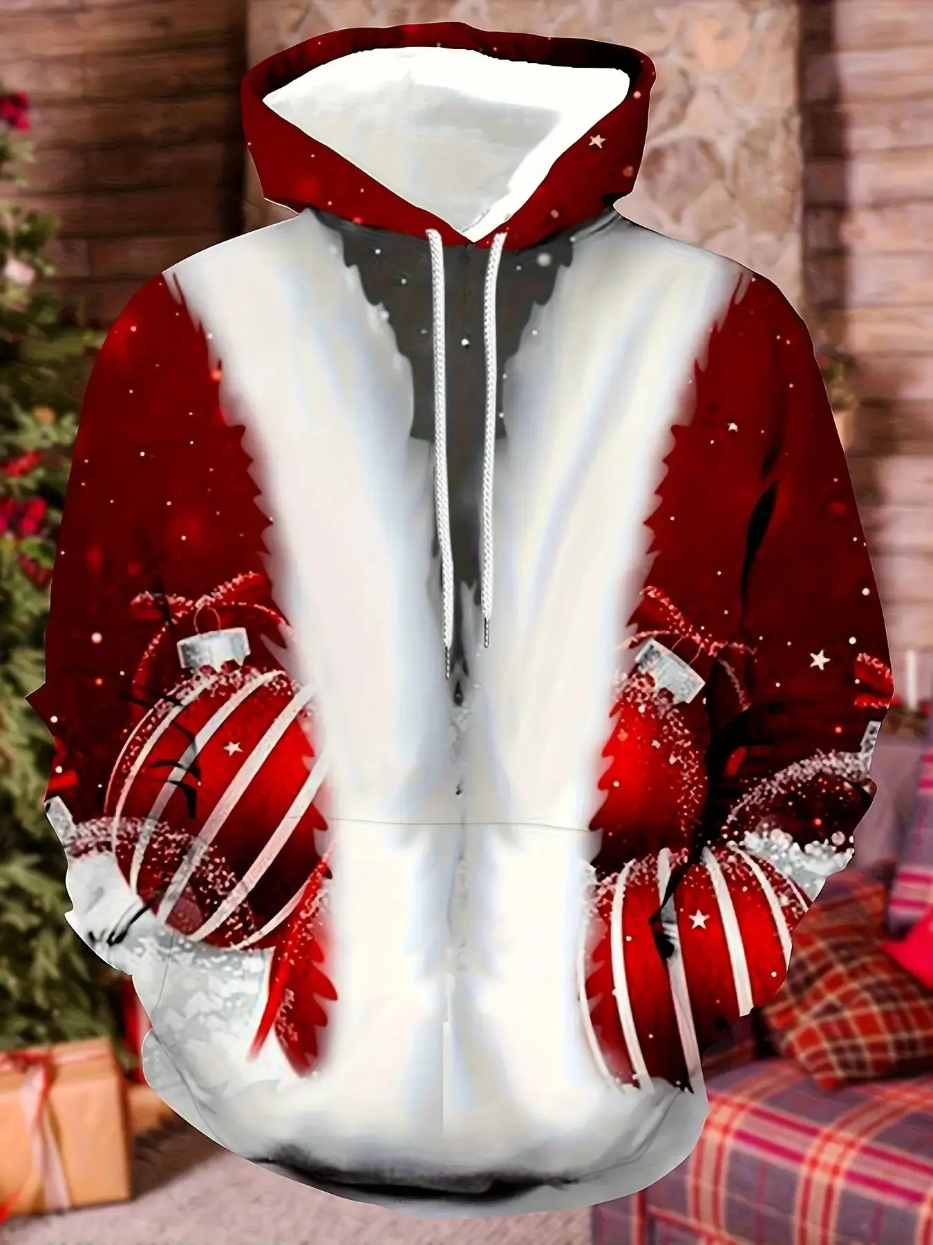 Men's Heavyweight Christmas Hooded Sweatshirt - Red and White Santa Claus Pattern Pullover, With Snowflake Design, Loose Hooded Sweatshirt, Machine Washable for Winter Warmth, Casual Holiday Party Clothing and Holiday Gift