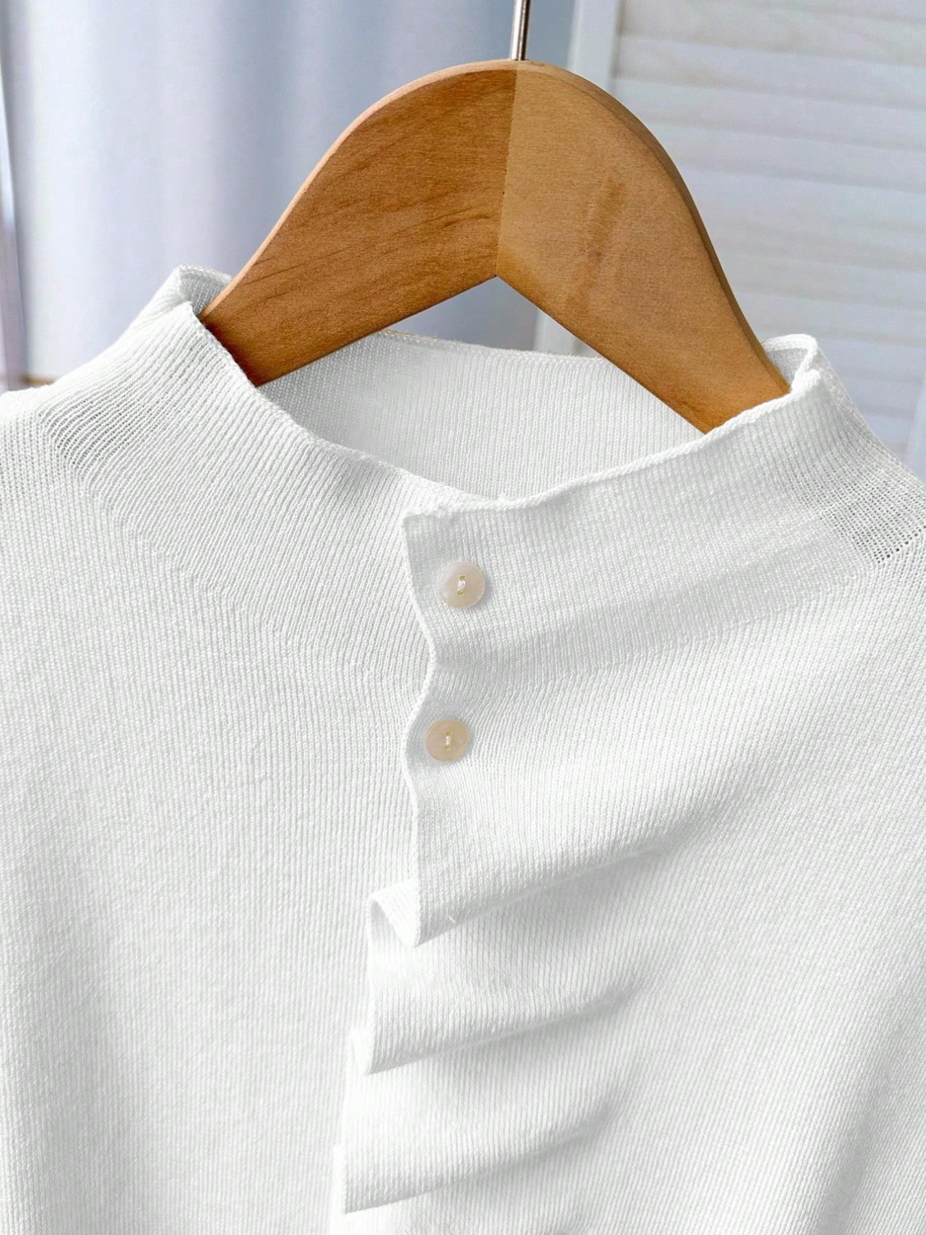 Women's White Stand-Collar Knit Top, Ruched Button-Front Cap-Sleeve Blouse, Slim-Fit Casual Knitted Shirt in Soft Stretchy Fabric, Body Hugging Tops, Button Closure Top, Office Wear, Daily Wear, Business Casual and Date Night, Spring Summer Knitwear