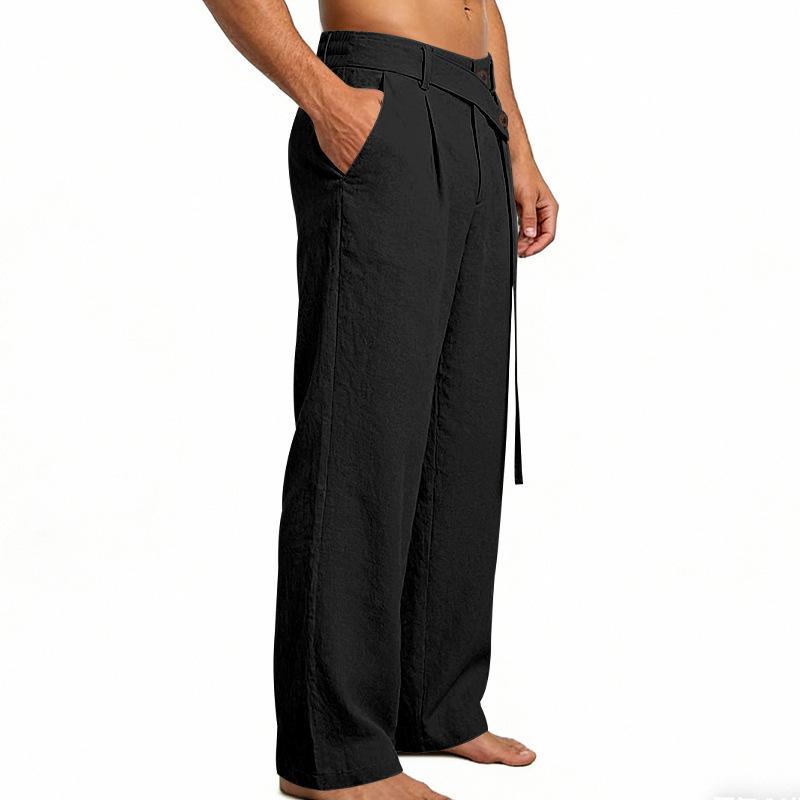 Men's 2026 Spring Summer Plain Linen-Cotton Fabric Wide Leg Trouser, Irregular Cross Buckle Waist, Loose Fit for Big-Tall Menswear, Ideal for Beach Vacation & Daily Commute (Polyester-Blended Option Available)