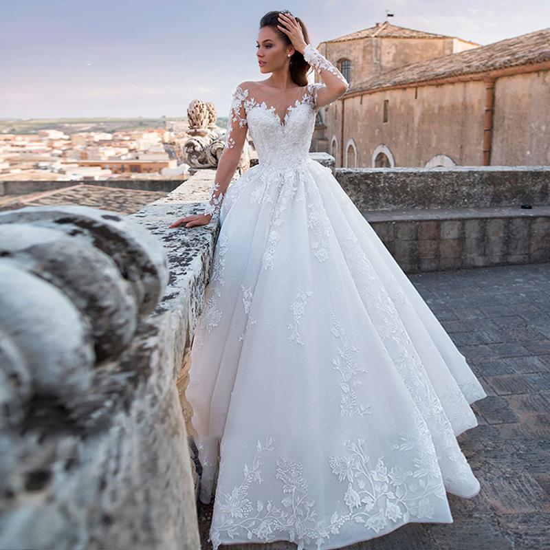 Women's 2026 Vintage Floral Sexy Sheer Tulle Long-Sleeve Bridal Dress - Full-Sleeves Wedding Dress with Chapel Train for Wedding Ceremony, Bridal Photoshoot, Longsleeves, Wedding Dresses
