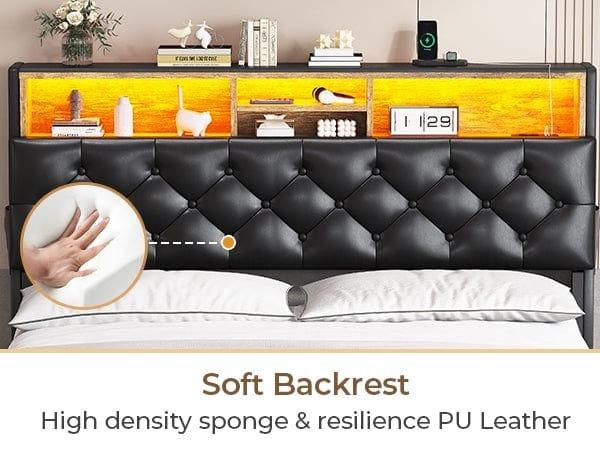 Sikaic Upholstered Platform Bed Frame with LED Lights & Charging Station Hidden Storage Headboard and 4 Drawers PU Black Modern Unique Furniture