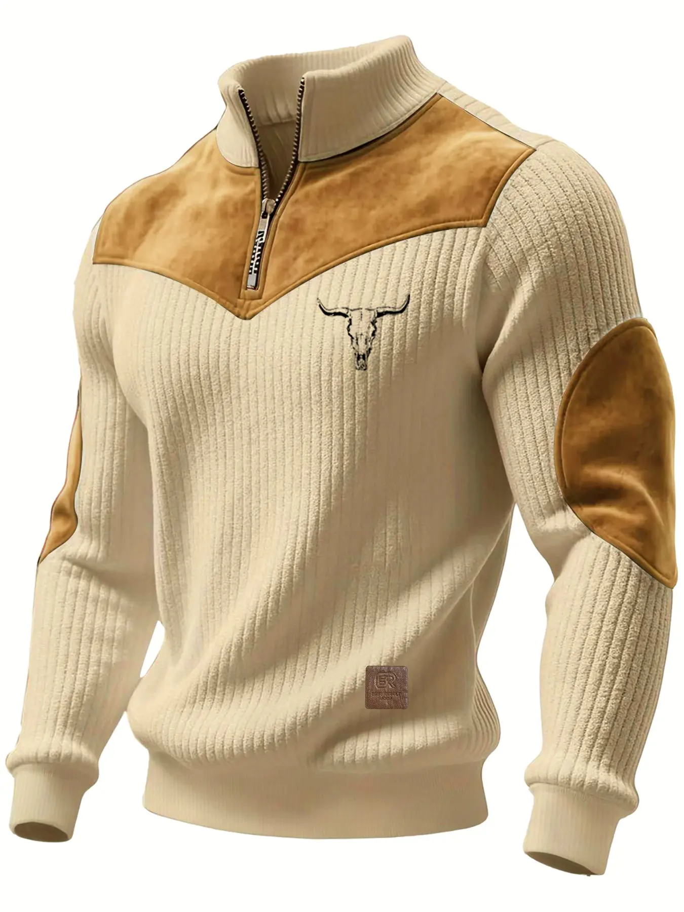 Men's Fall Winter Stand Collar Half-Zip Sweatshirt, Bull Head Print, Western Retro Casual Knitwear, Warm and Comfortable, Outdoor and Commute Wear