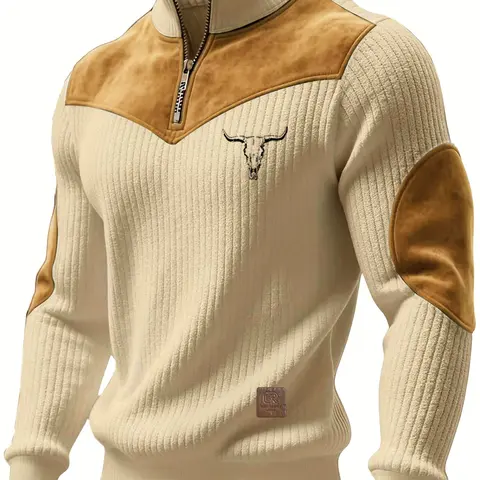 Men's Fall Winter Stand Collar Half-Zip Sweatshirt, Bull Head Print, Western Retro Casual Knitwear, Warm and Comfortable, Outdoor and Commute Wear
