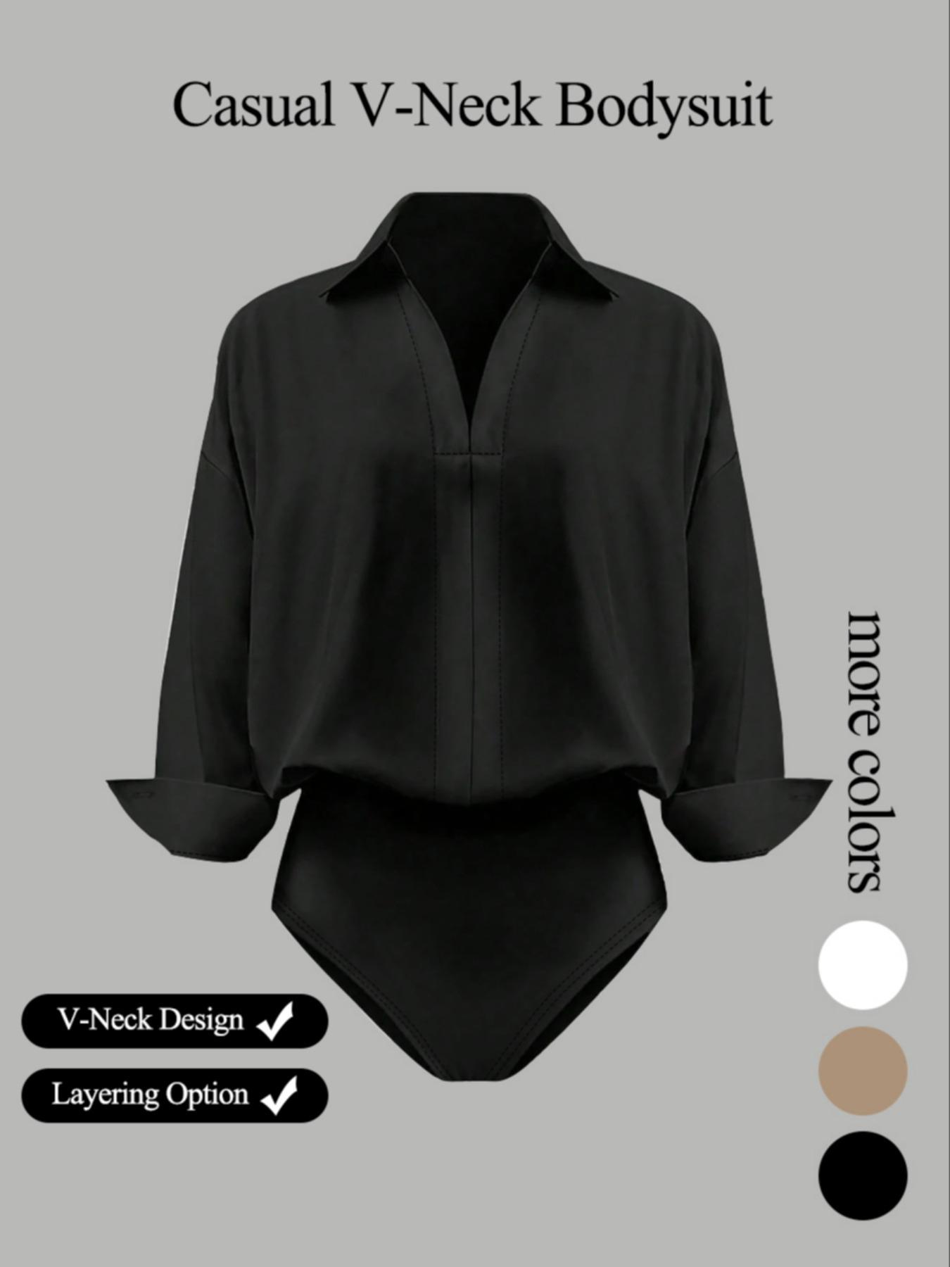 Women's casual loose V-neck long-sleeved shirt jumpsuit, elegant woven fabric, slim fit, suitable for all seasons, and can be layered flexibly.