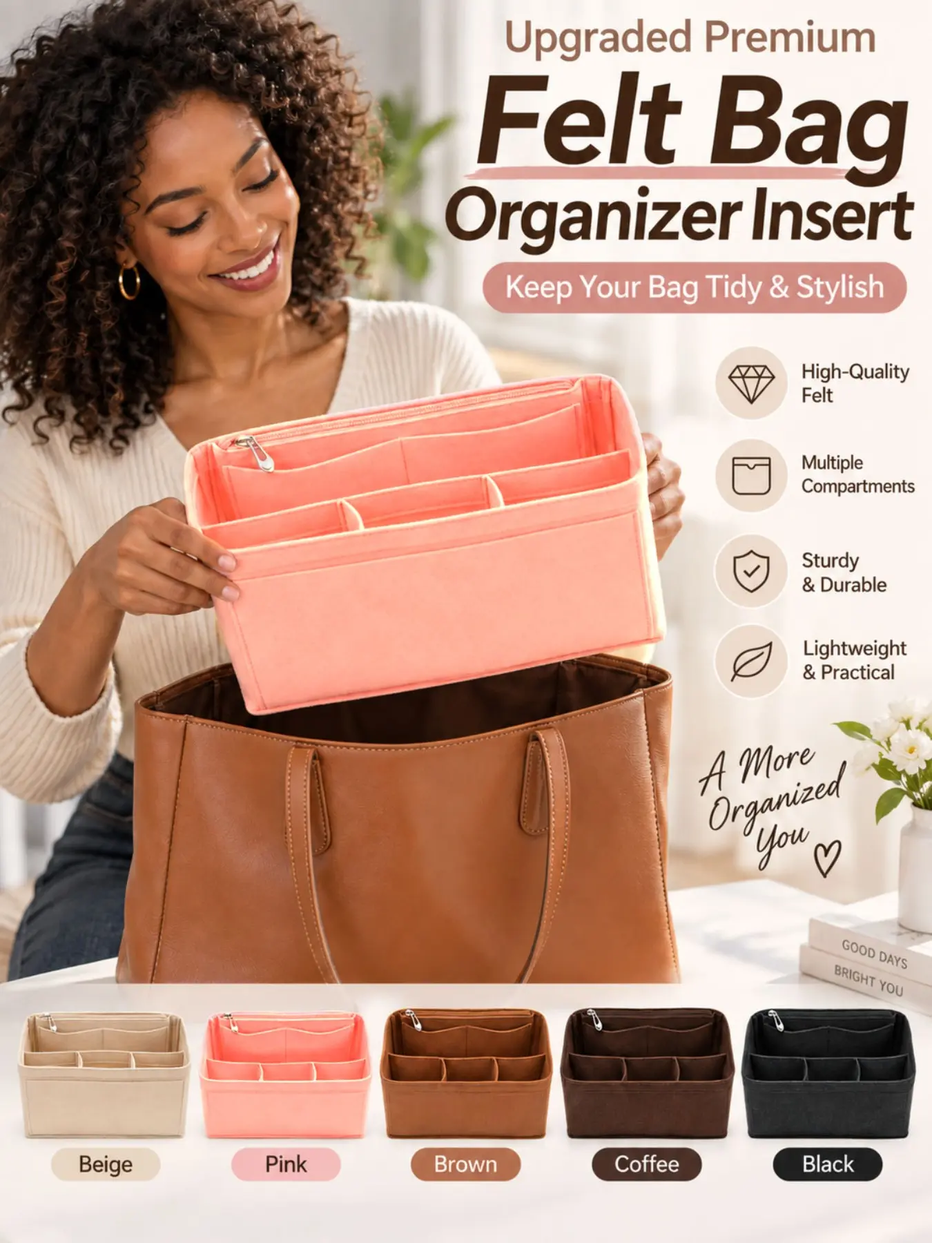 Felt Underarm Tote Bag Liner, Multi-Pocket Design with Secure Zipper, Lightweight Support Insert, Tote Organizer Insert, Ideal for Travel and Daily Use