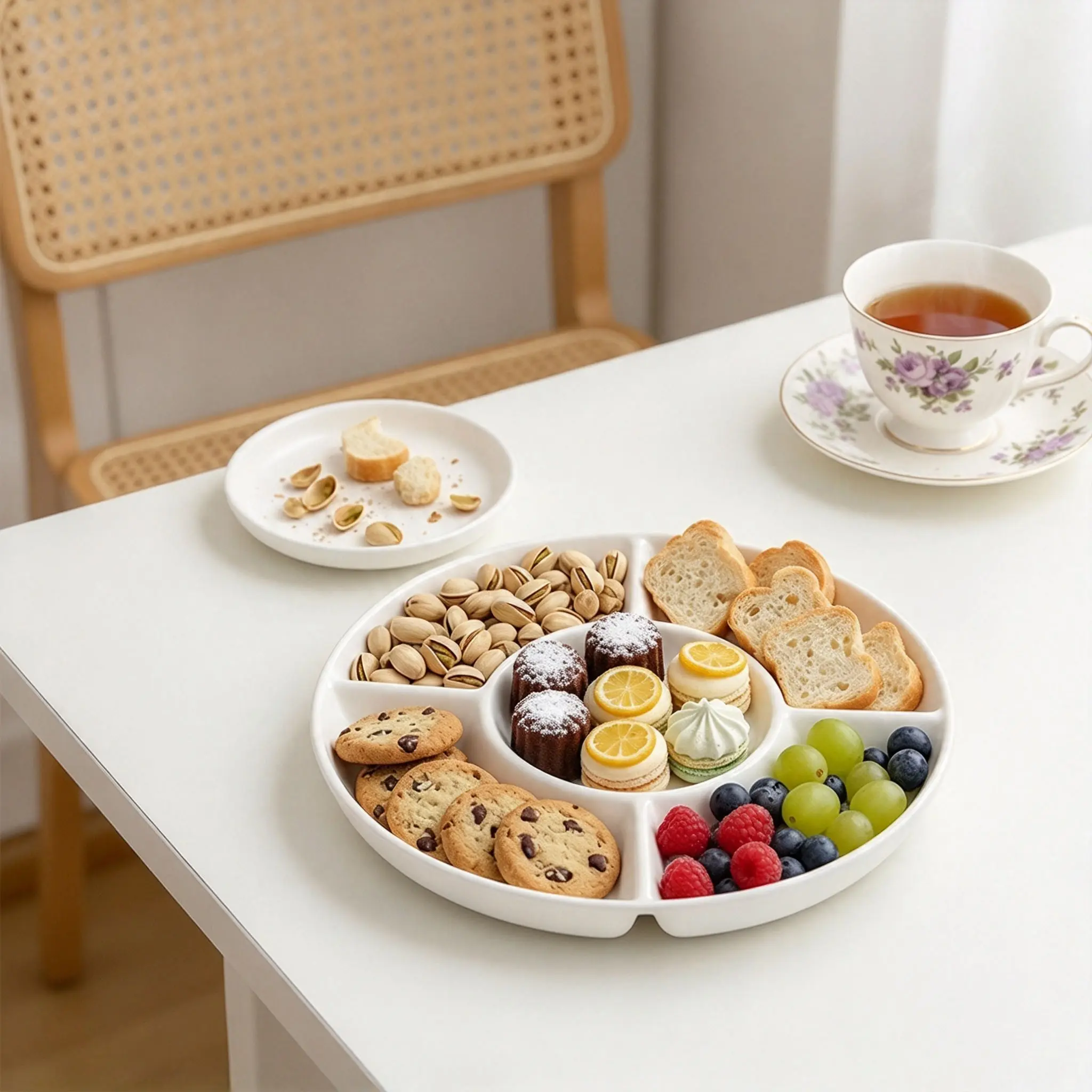 2/3/4/5pcs White Plastic Snack Plates Set, Served with a bone dish, Food Grade Safe Material, Shatterproof & Easy Storage, Multi-Scene Use, Home & Commercial, Daily Dining
