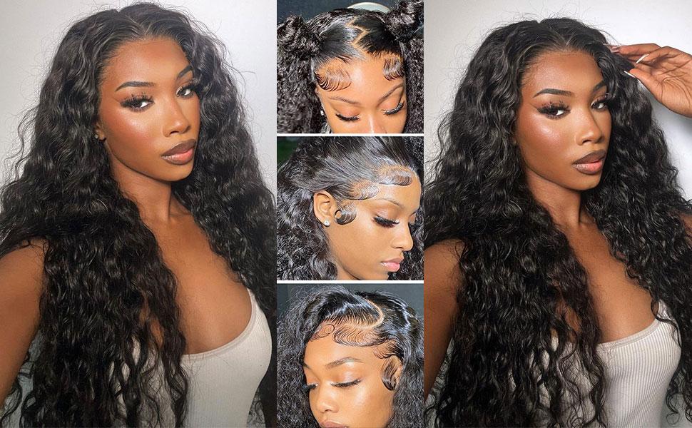 Lemoda SKINLIKE Real HD Lace Wigs 250% Density Water Wave 15A 13x4 Full Lace Frontal Human Hair Wigs Deep Wave Virgin Human Hair Frayed Ends Lace Wig Natural Black Color