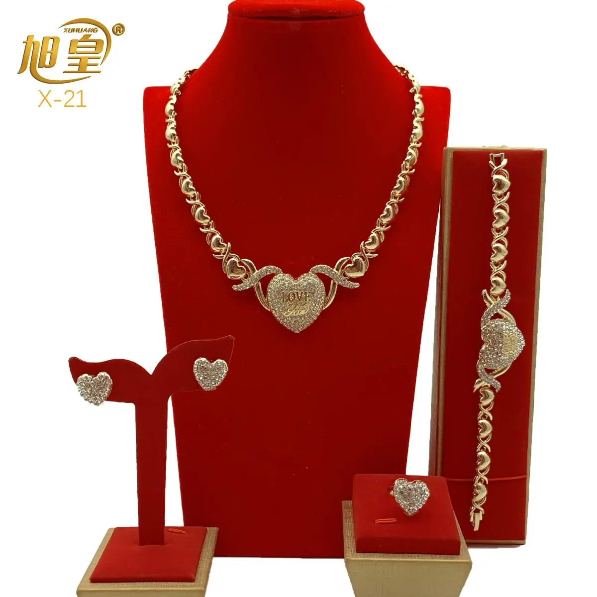 XUHUANG XOXO Women Necklace Set 18K Gold Color Bride Love Crystal Wedding Necklace Earrings Bracelet Ring Jewelry Set Party Gift