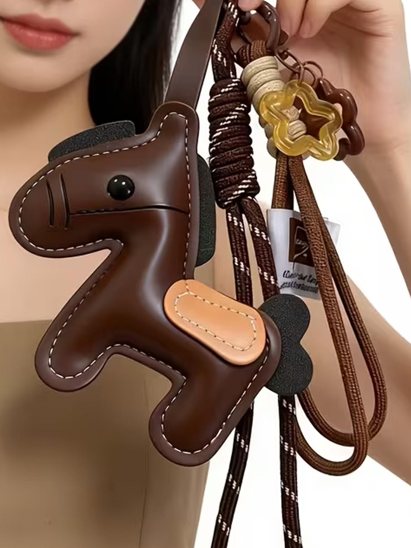Retro Brown PU Pony Keychain. Ins-Style Color-Block Stitching, Star Bell Charm, Lanyard Design | Key/Bag Accessory, A Cute Niche Accessory Suitable For Commuting/Daily Outfits