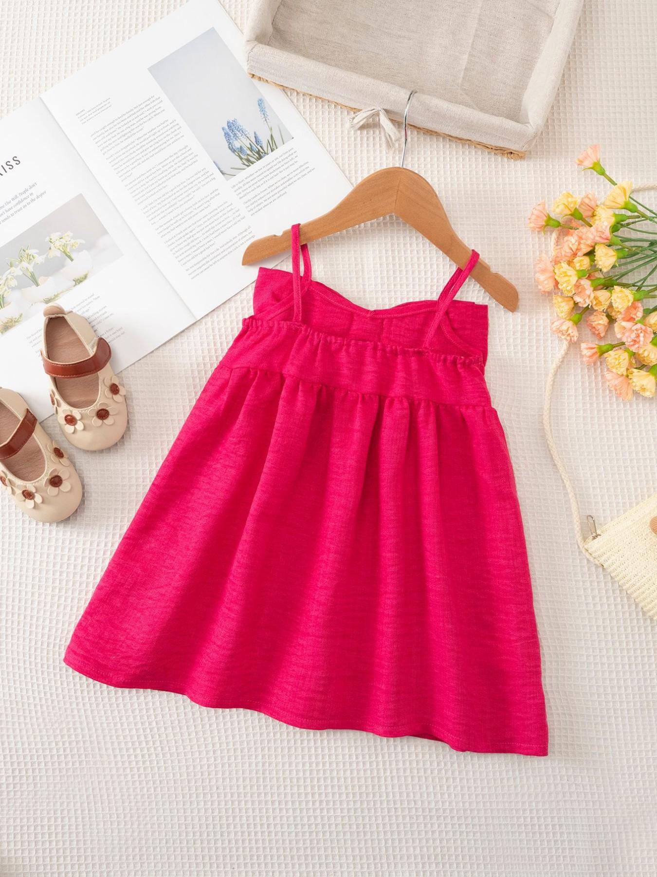 Girls' Summer Sleeveless Dress, Front Embellished with Large Butterfly Knot, Thin Shoulder Straps Design, Sweet Fresh Style, Suitable for Ages 3-8